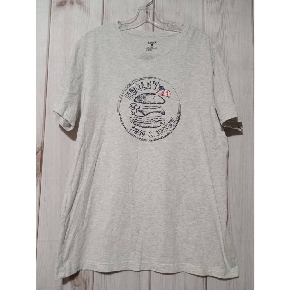 Hurley Shirt Men's Extra Large Gray Tshirt American Flag‎ Cheeseburger Surfing